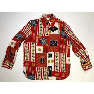 VINTAGE Exit Shops 100% Silk Nautical Scarf Print Shirt Women Medium Long Sleeve